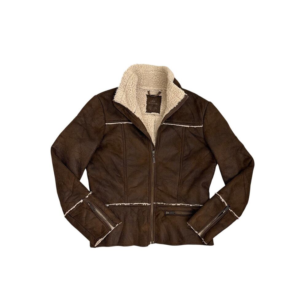 Prana Faux Leather Shearling Jacket Brown Cream Full Zip Women's Small